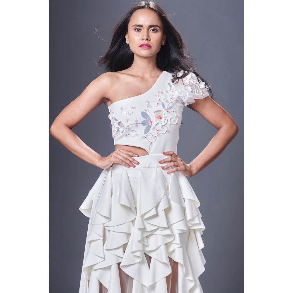 Deepika Arora White Shoulder Ruffle Dress