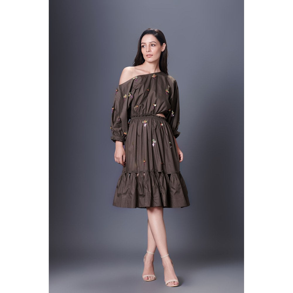 Deepika Arora Olive Green Off-Shoulder Dress