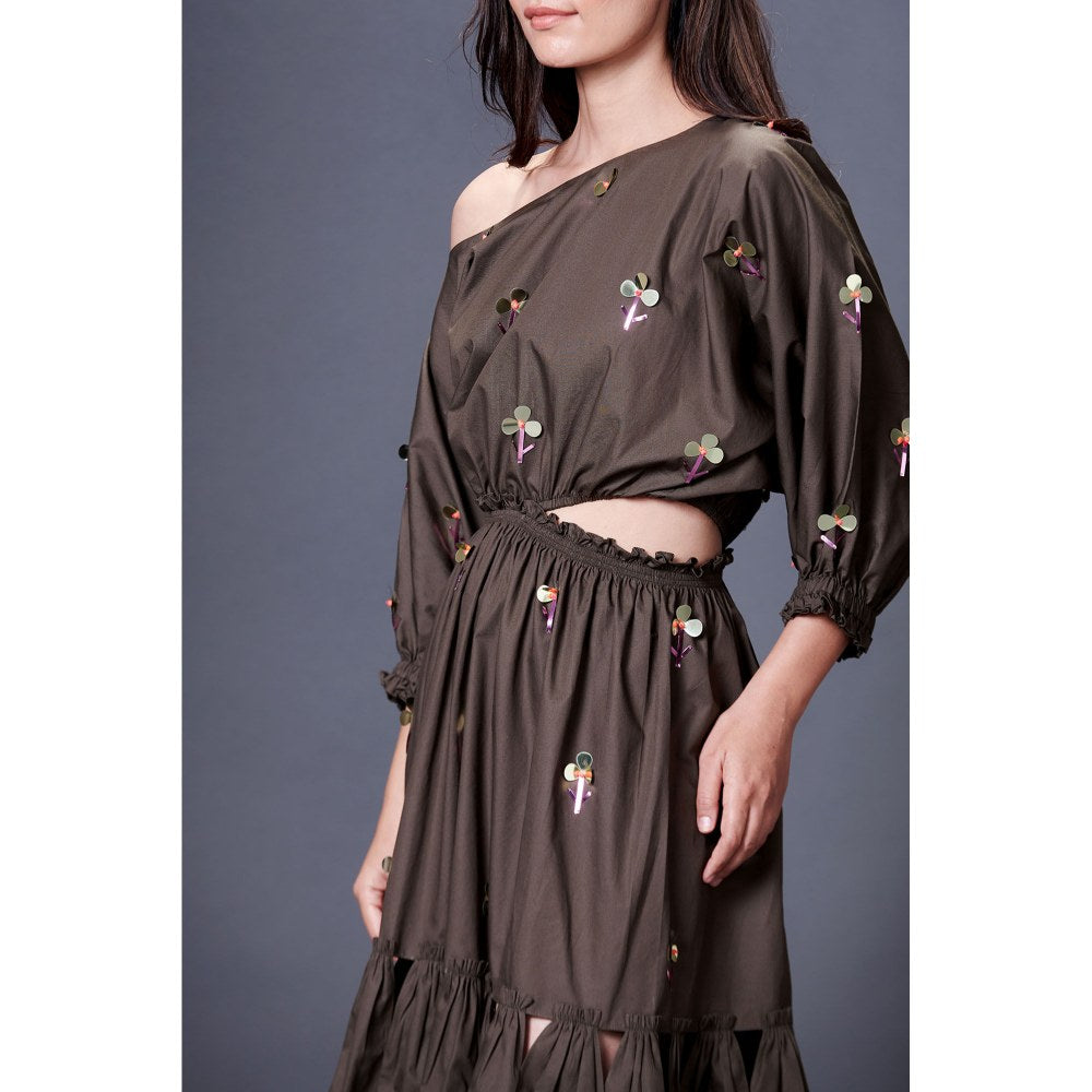 Deepika Arora Olive Green Off-Shoulder Dress