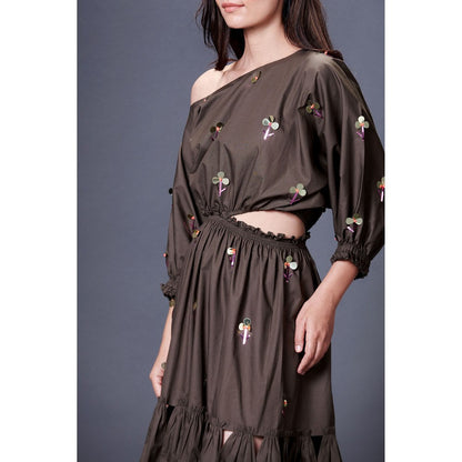 Deepika Arora Olive Green Off-Shoulder Dress