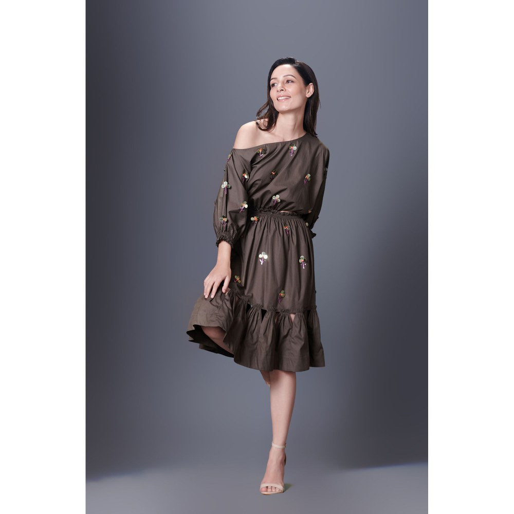 Deepika Arora Olive Green Off-Shoulder Dress