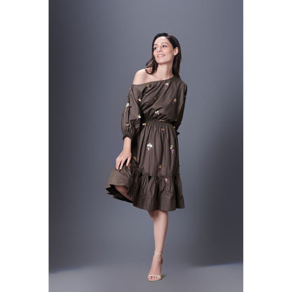 Deepika Arora Olive Green Off-Shoulder Dress