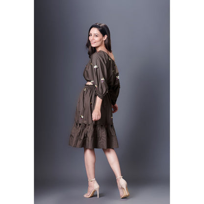 Deepika Arora Olive Green Off-Shoulder Dress