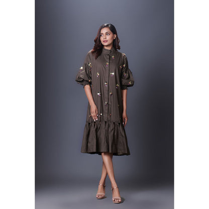 Deepika Arora Olive Green Hand Embroidered Dress