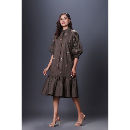 Deepika Arora Olive Green Hand Embroidered Dress