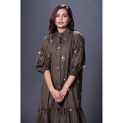 Deepika Arora Olive Green Hand Embroidered Dress
