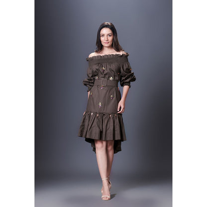 Deepika Arora Olive Green High-Low Dress (Set of 2)