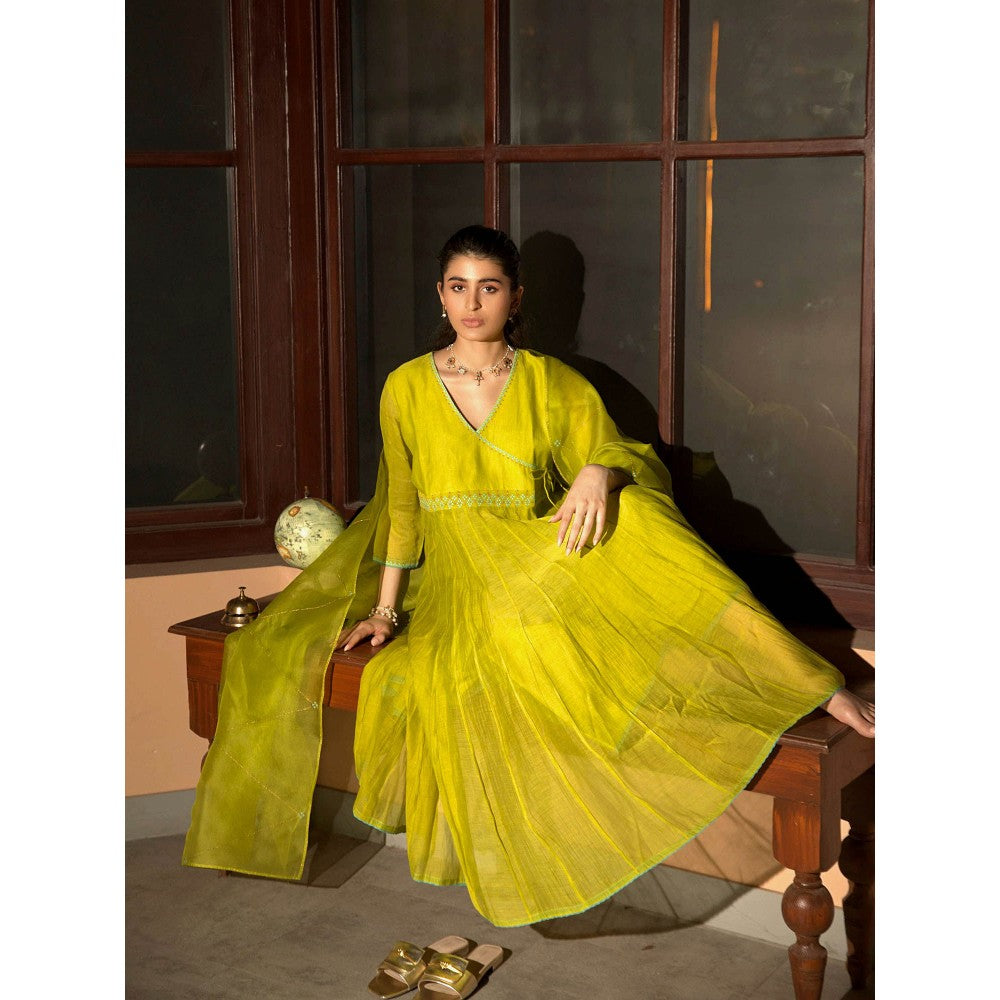 DEEPTHEE Neon Green Angarkha Kurta with Palazzo & Dupatta (Set of 3)