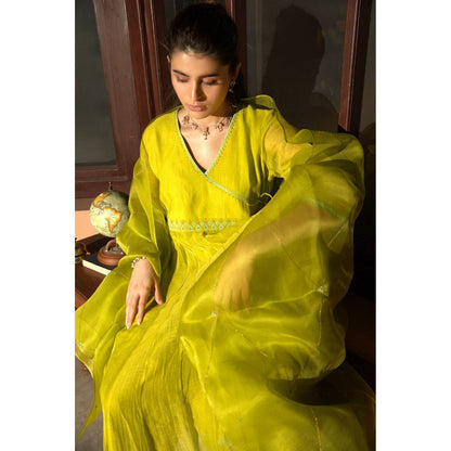 DEEPTHEE Neon Green Angarkha Kurta with Palazzo & Dupatta (Set of 3)