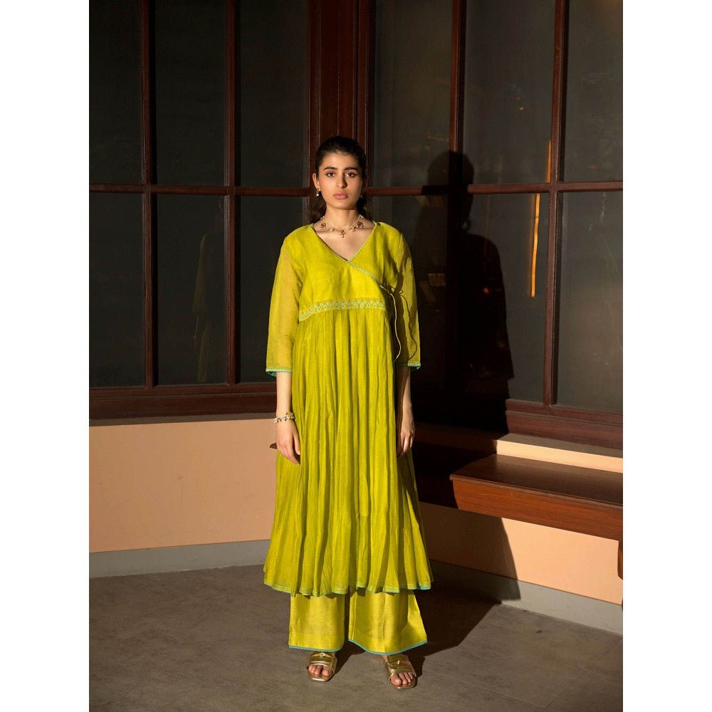 DEEPTHEE Neon Green Angarkha Kurta with Palazzo & Dupatta (Set of 3)