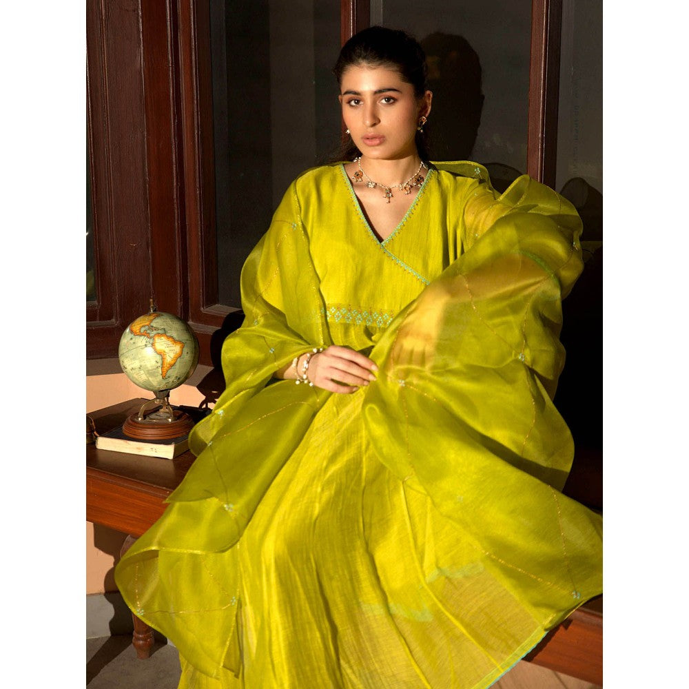 DEEPTHEE Neon Green Angarkha Kurta with Palazzo & Dupatta (Set of 3)