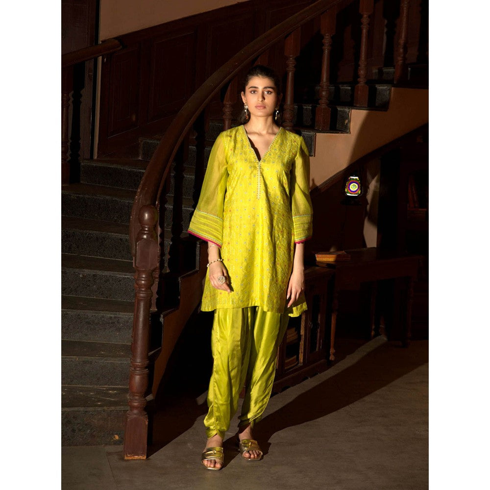 DEEPTHEE Neon Green Short Kurti & Tulip-Dhoti Pant (Set of 2)