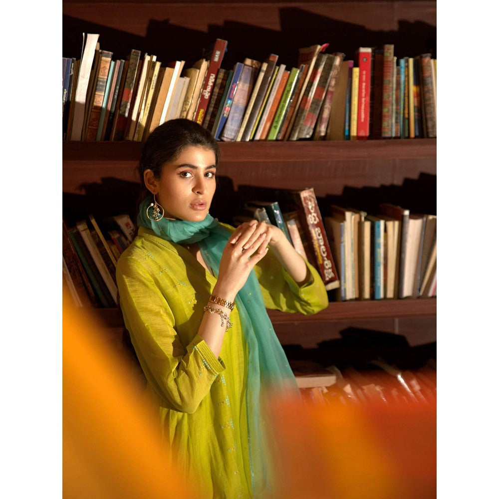 DEEPTHEE Neon Green Side Panelled A-Line Kurta with Pant & Dupatta (Set of 3)