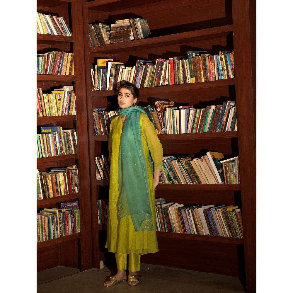 DEEPTHEE Neon Green Side Panelled A-Line Kurta with Pant & Dupatta (Set of 3)