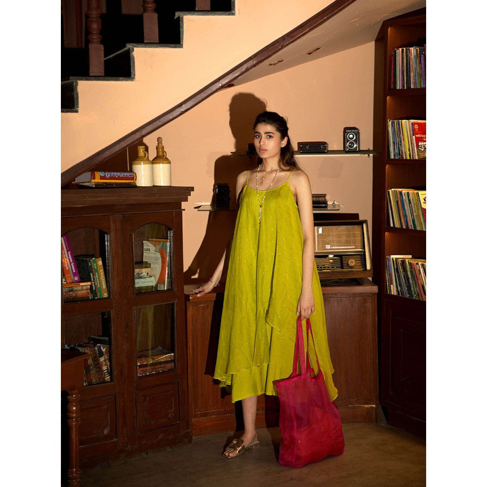 DEEPTHEE Neon Green Embroidered Slip Midi Dress