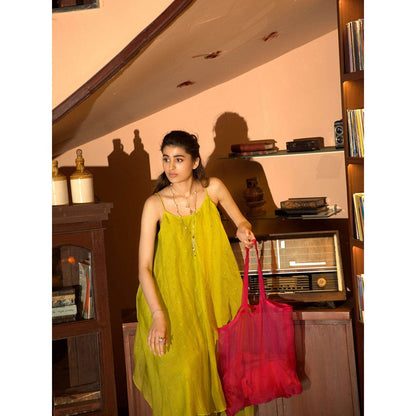 DEEPTHEE Neon Green Embroidered Slip Midi Dress