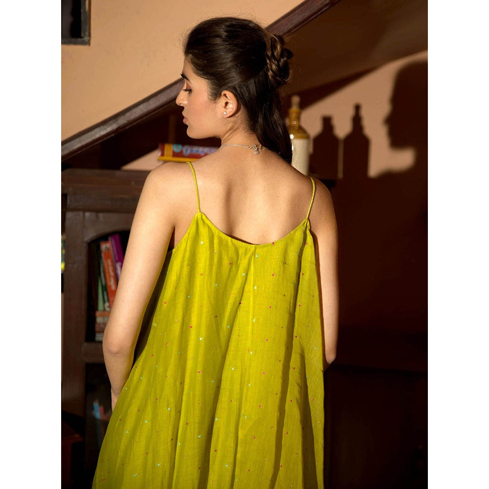 DEEPTHEE Neon Green Embroidered Slip Midi Dress