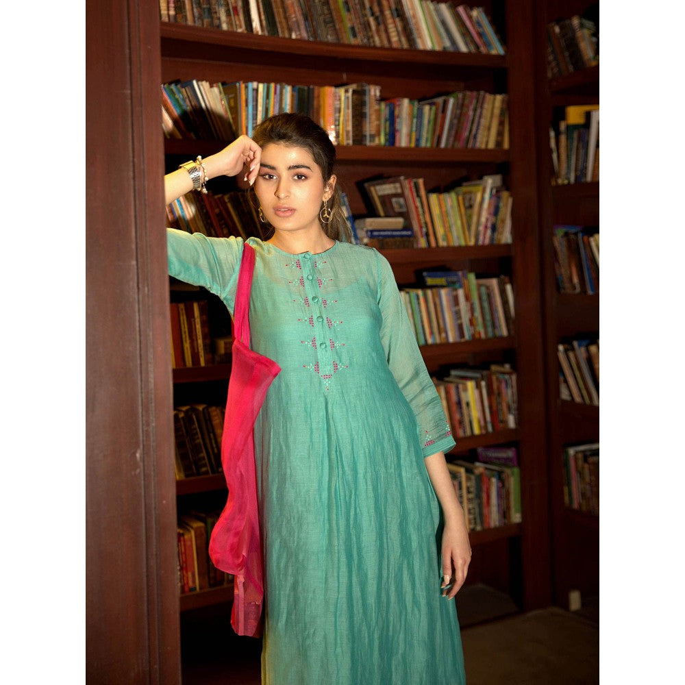 DEEPTHEE Powder Blue Embroidered Midi Dress