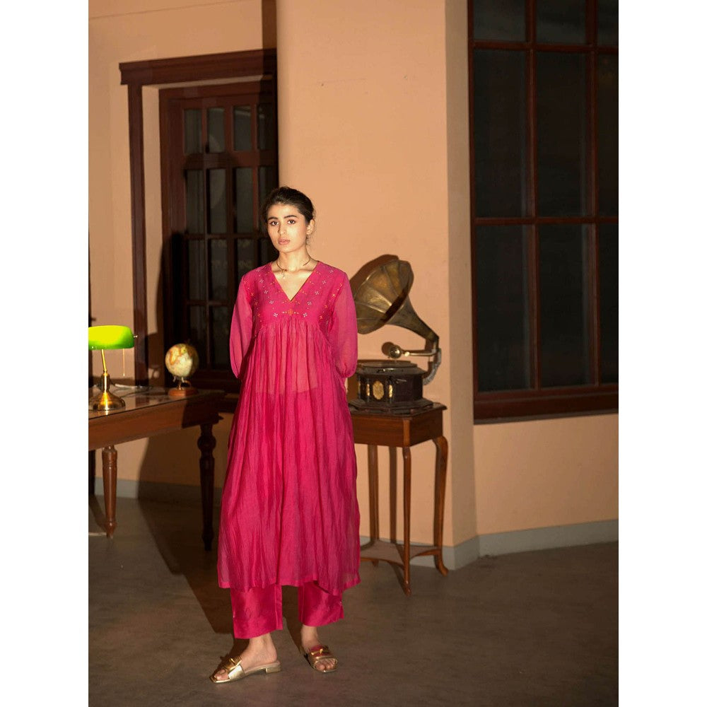 DEEPTHEE Pink Hand Embroidered Gather Kurta & Pant (Set of 2)