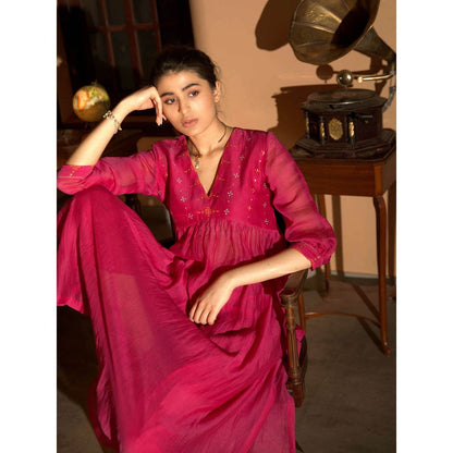 DEEPTHEE Pink Hand Embroidered Gather Kurta & Pant (Set of 2)