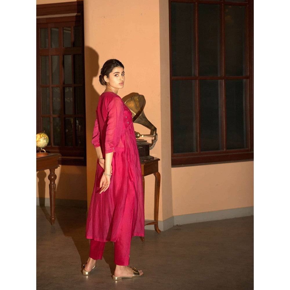 DEEPTHEE Pink Hand Embroidered Gather Kurta & Pant (Set of 2)