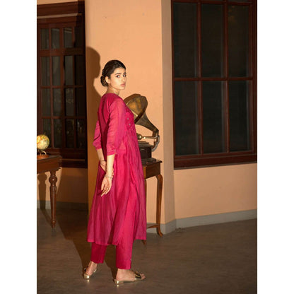 DEEPTHEE Pink Hand Embroidered Gather Kurta & Pant (Set of 2)