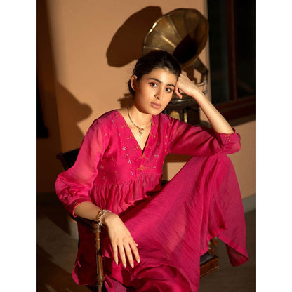 DEEPTHEE Pink Hand Embroidered Gather Kurta & Pant (Set of 2)