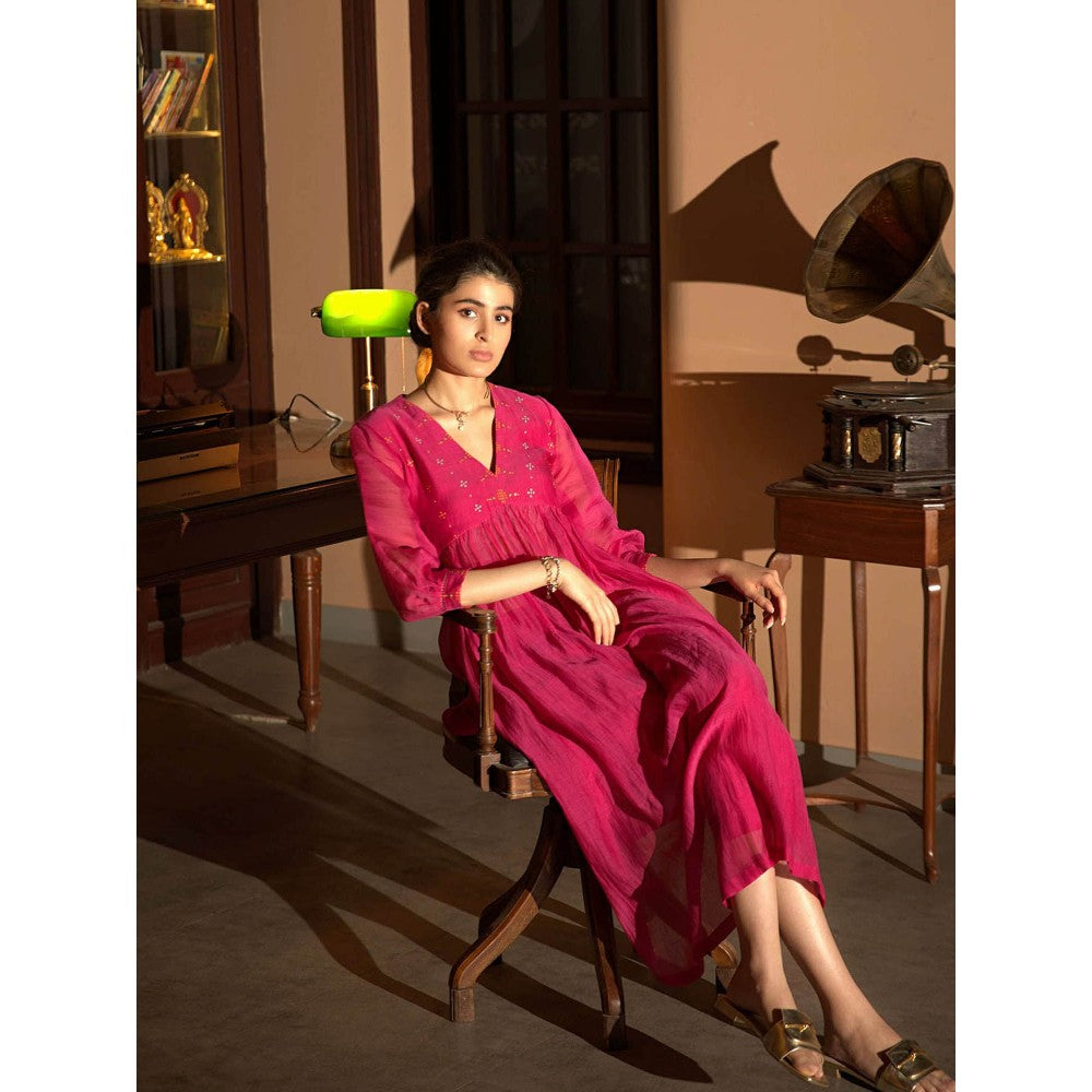 DEEPTHEE Pink Hand Embroidered Gather Kurta & Pant (Set of 2)