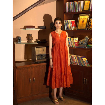 DEEPTHEE Orange Embroidered Midi Dress
