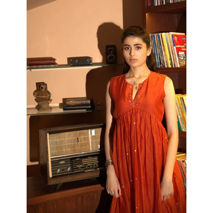 DEEPTHEE Orange Embroidered Midi Dress