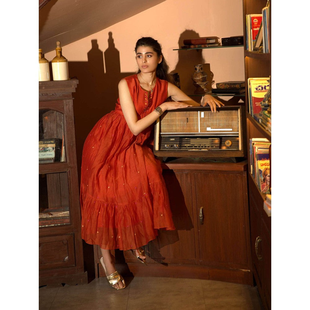 DEEPTHEE Orange Embroidered Midi Dress