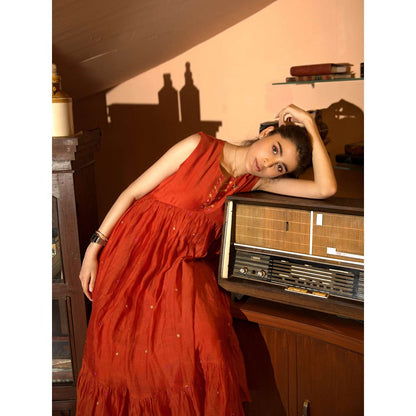 DEEPTHEE Orange Embroidered Midi Dress