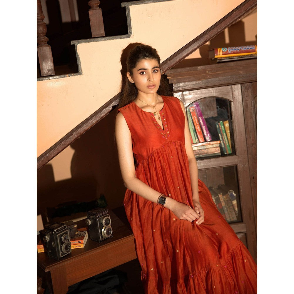 DEEPTHEE Orange Embroidered Midi Dress