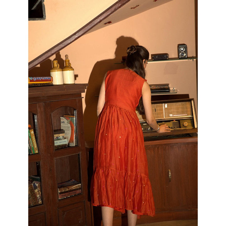 DEEPTHEE Orange Embroidered Midi Dress