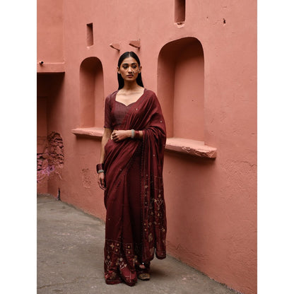 DEEPTHEE Mahogany Hand Embroidered Saree with Rust Stitched Blouse