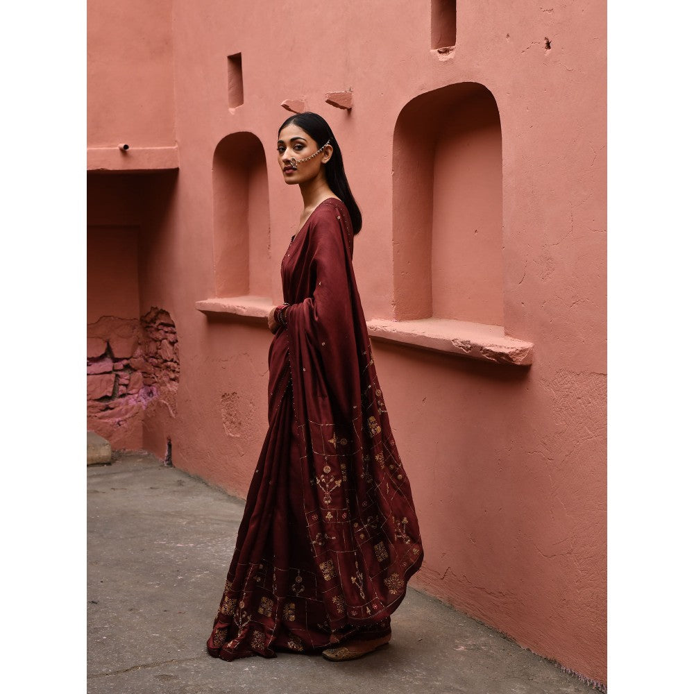 DEEPTHEE Mahogany Hand Embroidered Saree with Rust Stitched Blouse