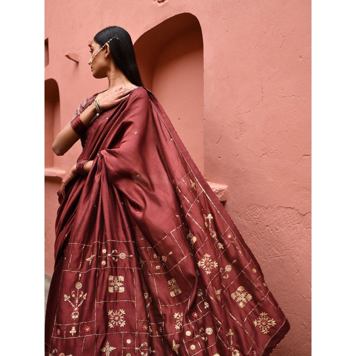 DEEPTHEE Mahogany Hand Embroidered Saree with Rust Stitched Blouse
