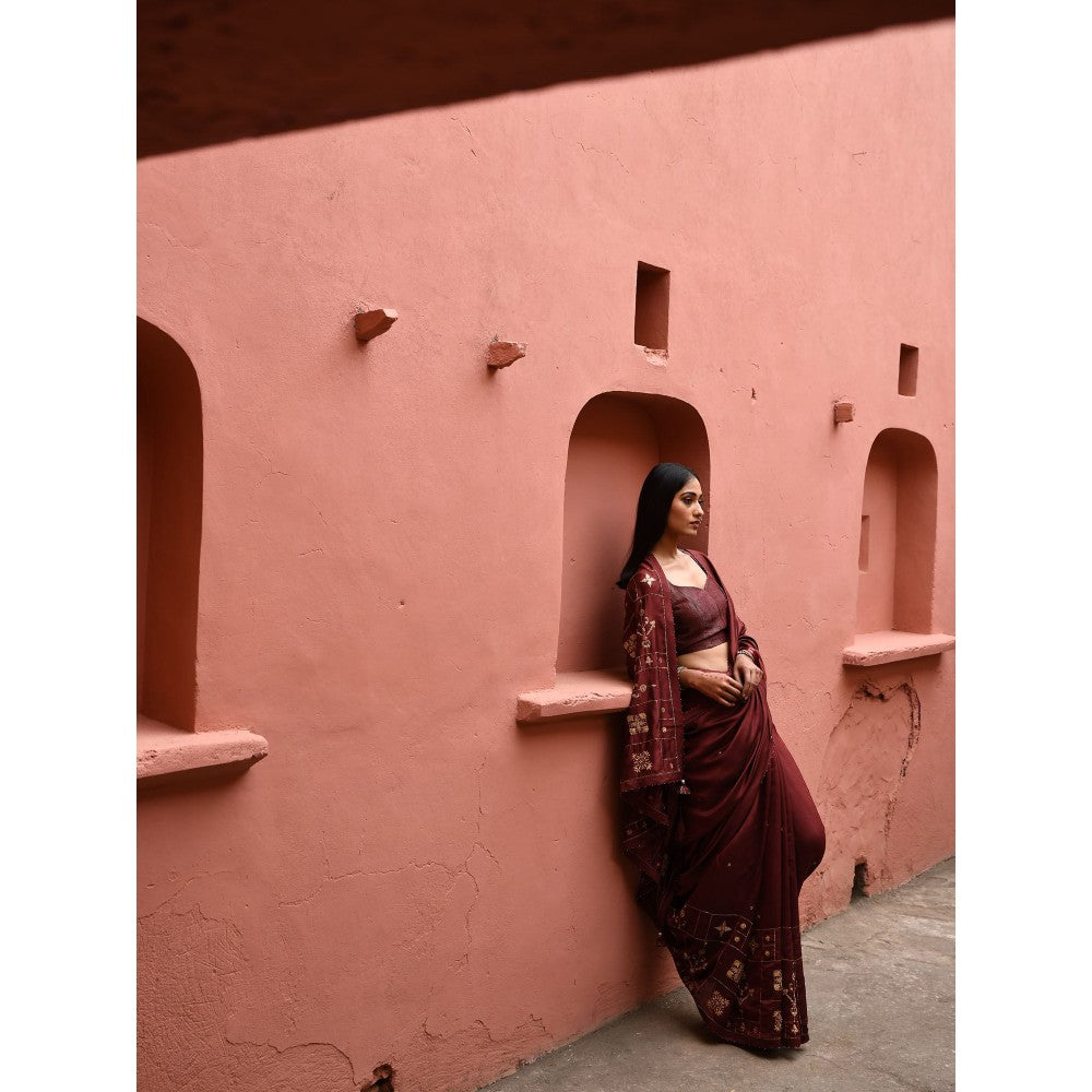 DEEPTHEE Mahogany Hand Embroidered Saree with Rust Stitched Blouse