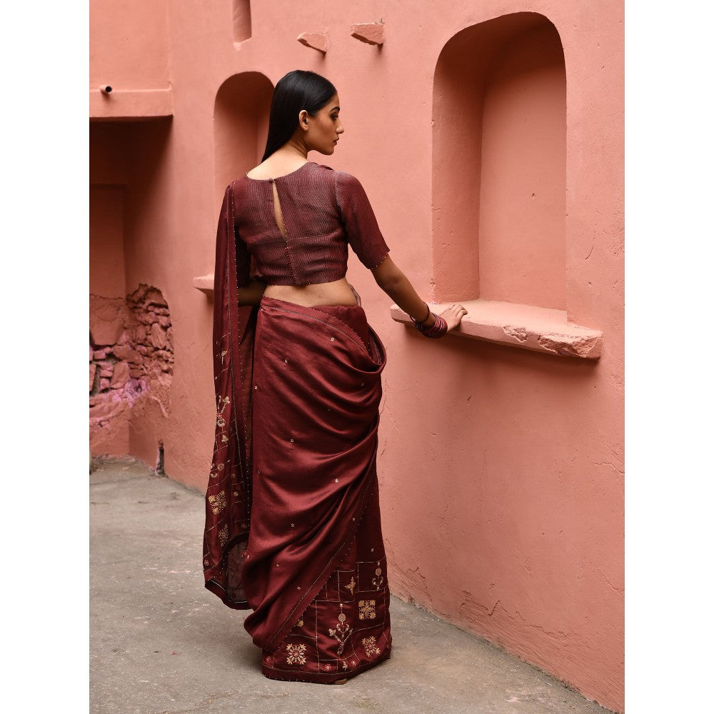 DEEPTHEE Mahogany Hand Embroidered Saree with Rust Stitched Blouse