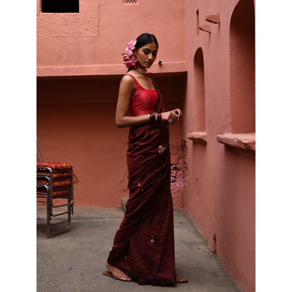 DEEPTHEE Mahogany Hand Embroidered Saree with Vermillion Blouse with Stitched