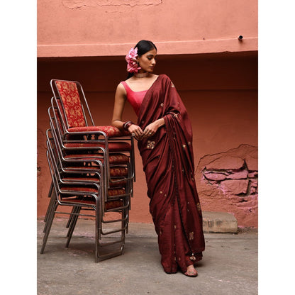 DEEPTHEE Mahogany Hand Embroidered Saree with Vermillion Blouse with Stitched
