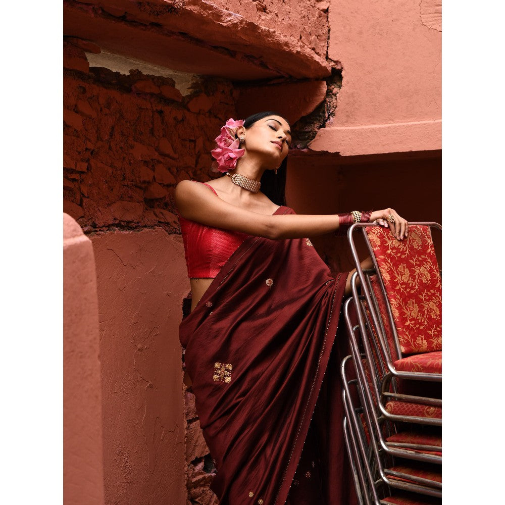DEEPTHEE Mahogany Hand Embroidered Saree with Vermillion Blouse with Stitched