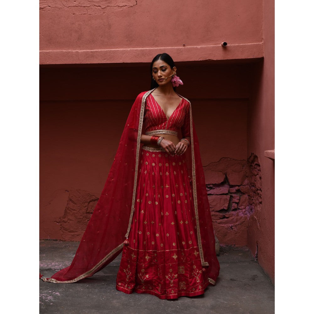 DEEPTHEE Vermillion Hand Embroidered Lehenga (Set of 3)