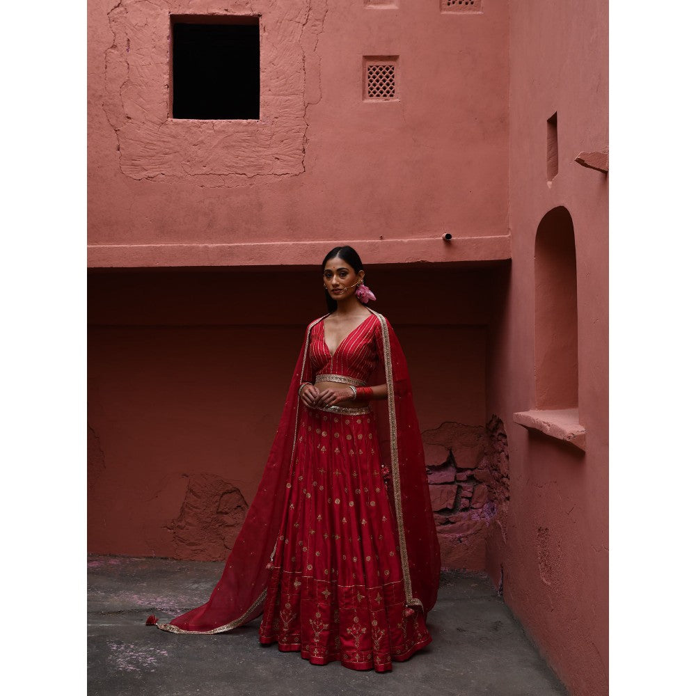 DEEPTHEE Vermillion Hand Embroidered Lehenga (Set of 3)