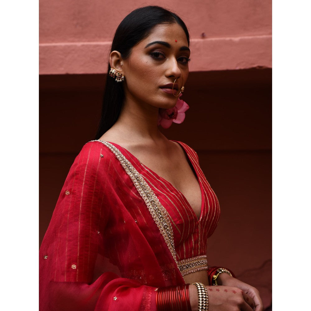 DEEPTHEE Vermillion Hand Embroidered Lehenga (Set of 3)