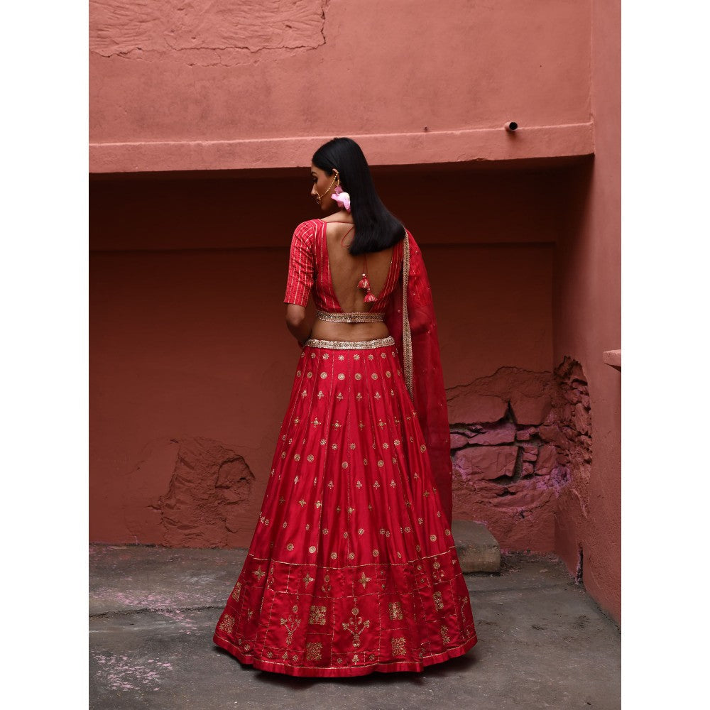 DEEPTHEE Vermillion Hand Embroidered Lehenga (Set of 3)