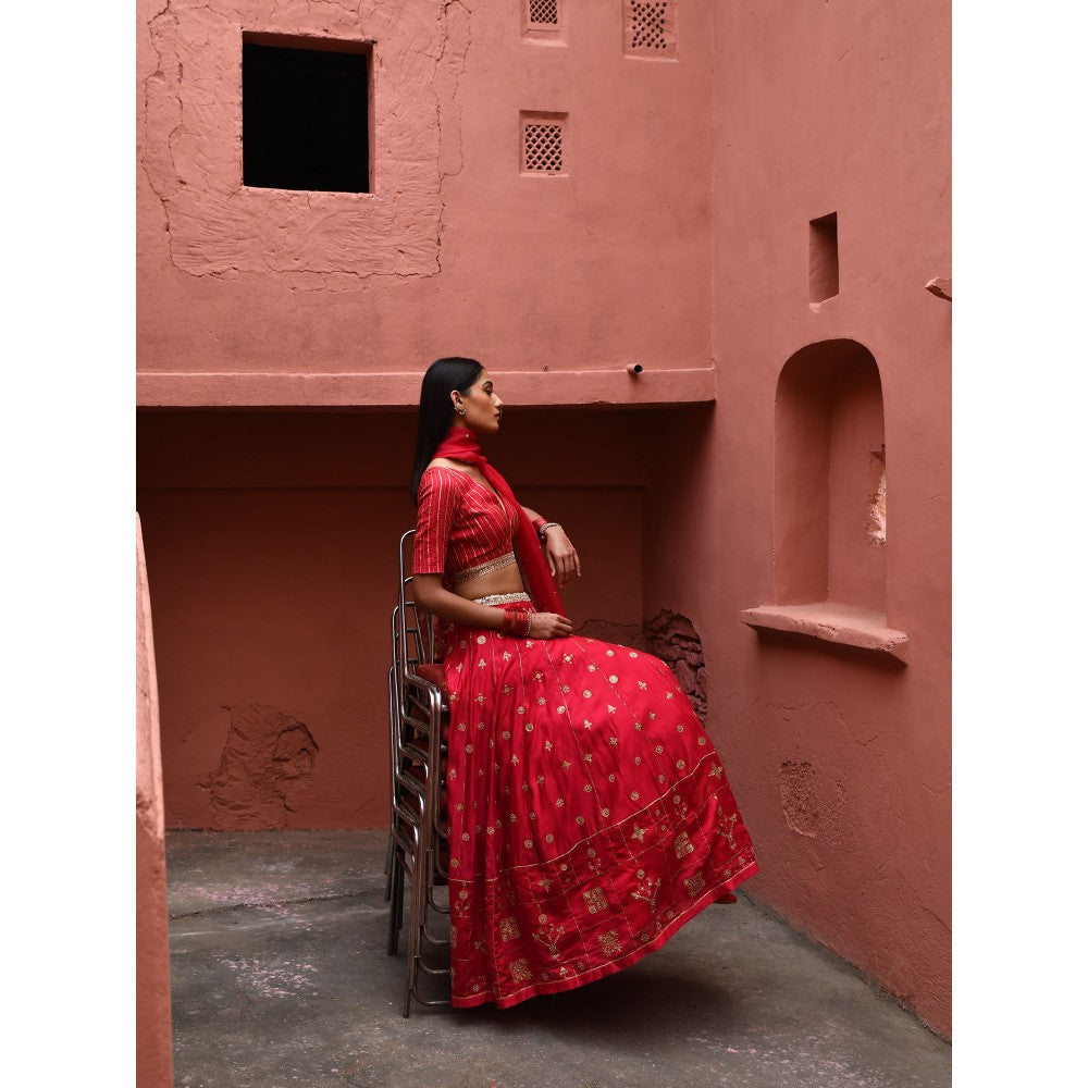 DEEPTHEE Vermillion Hand Embroidered Lehenga (Set of 3)