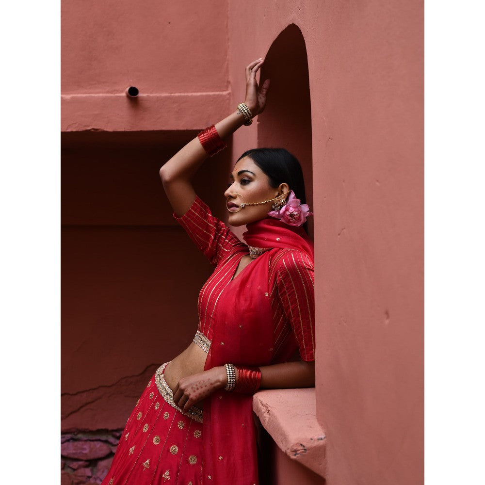DEEPTHEE Vermillion Hand Embroidered Lehenga (Set of 3)