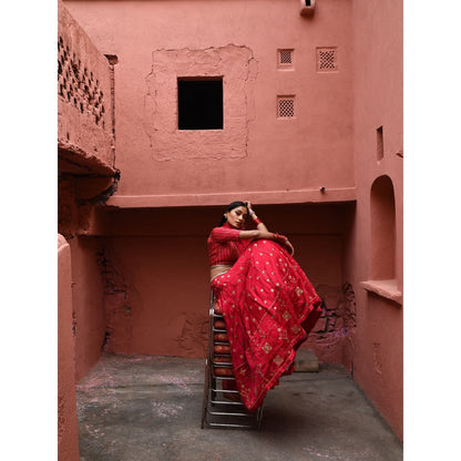 DEEPTHEE Vermillion Hand Embroidered Lehenga (Set of 3)