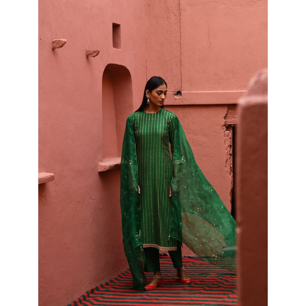 DEEPTHEE Green Striped Straight Kurta (Set of 3)